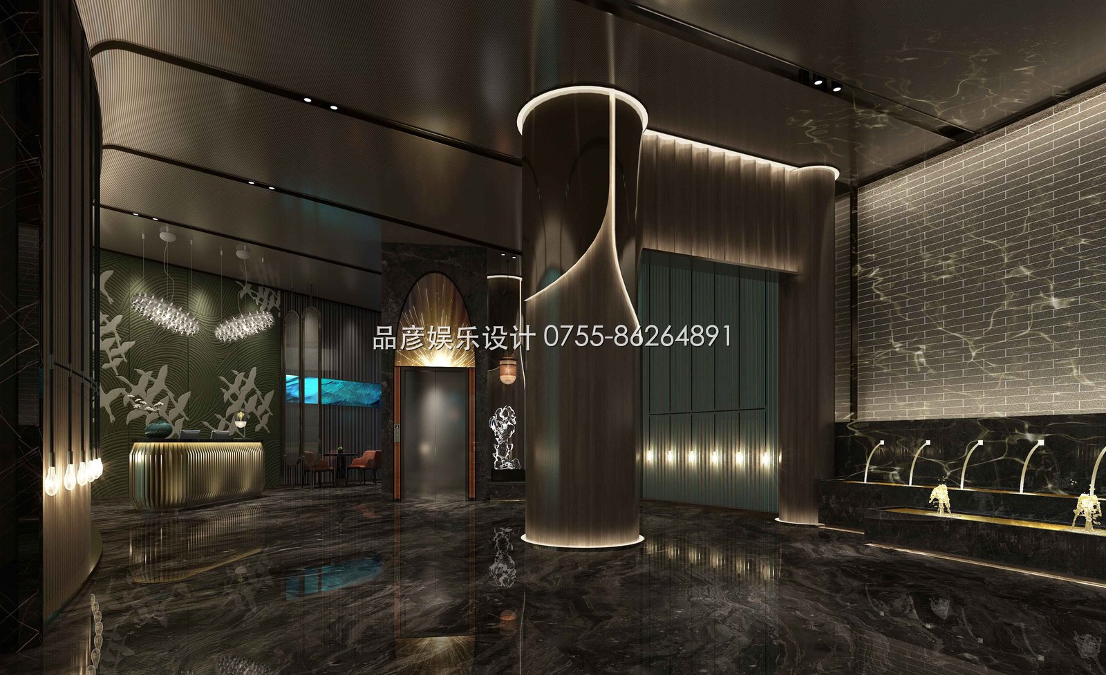 大堂以深墨绿墙面与金色弧形前台,呈现五星级酒店级别的奢华仪式感